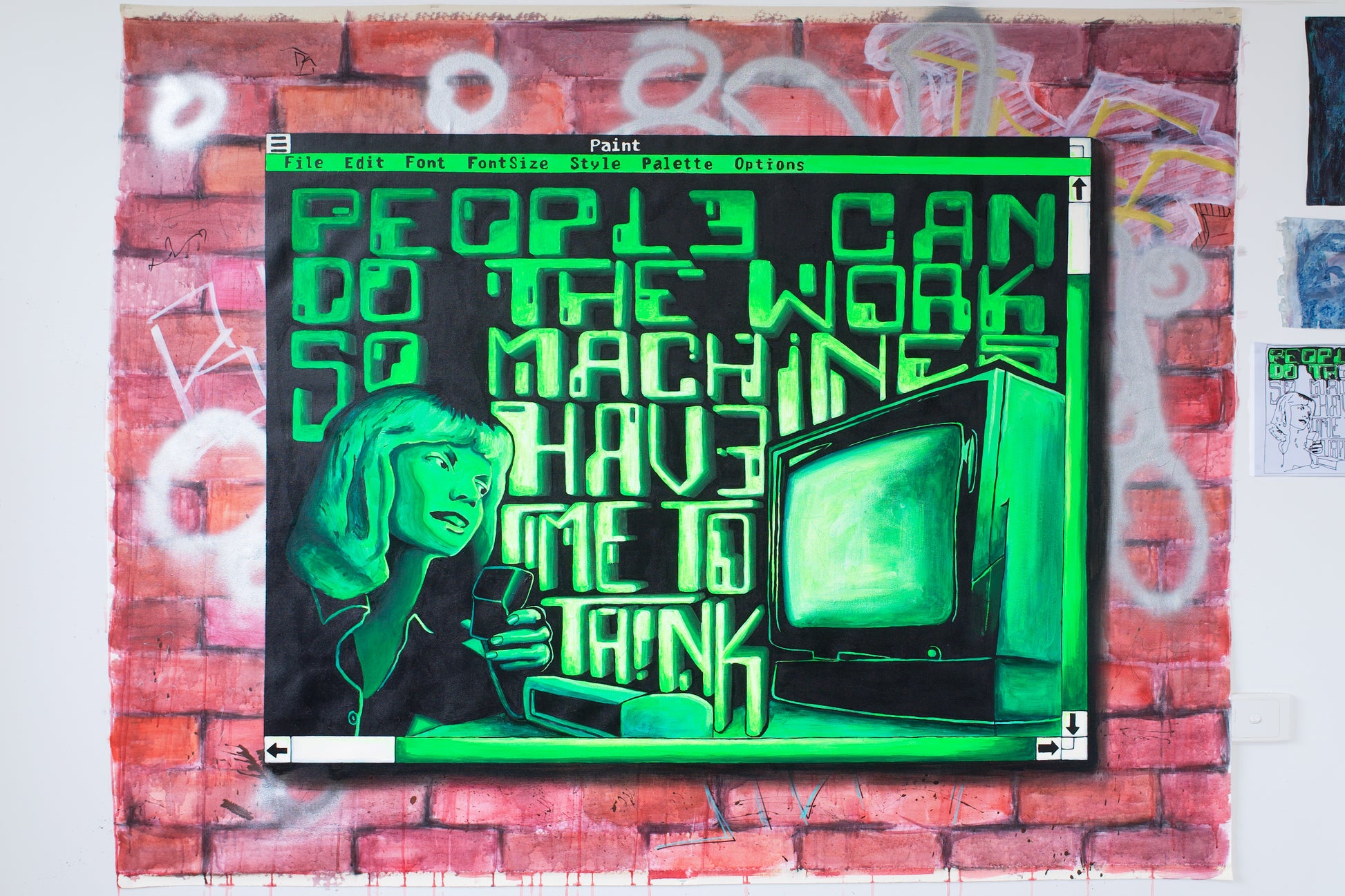 artists in melbourne street art people work Neon Green, Black and Red - 48" x 60" Painting art online