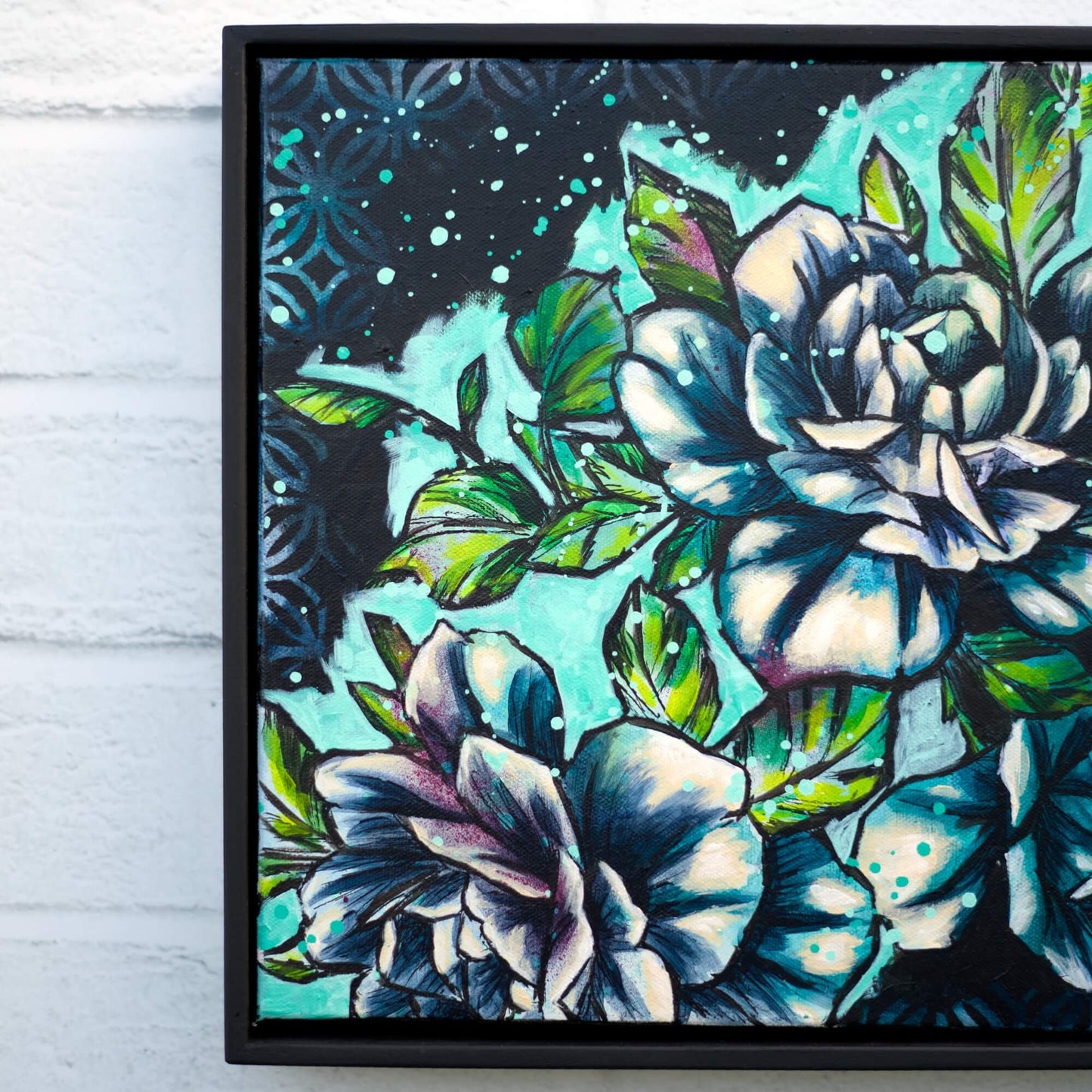 Contemporary floral artwork in teal and deep blue palette, modern flower painting for serene home decor