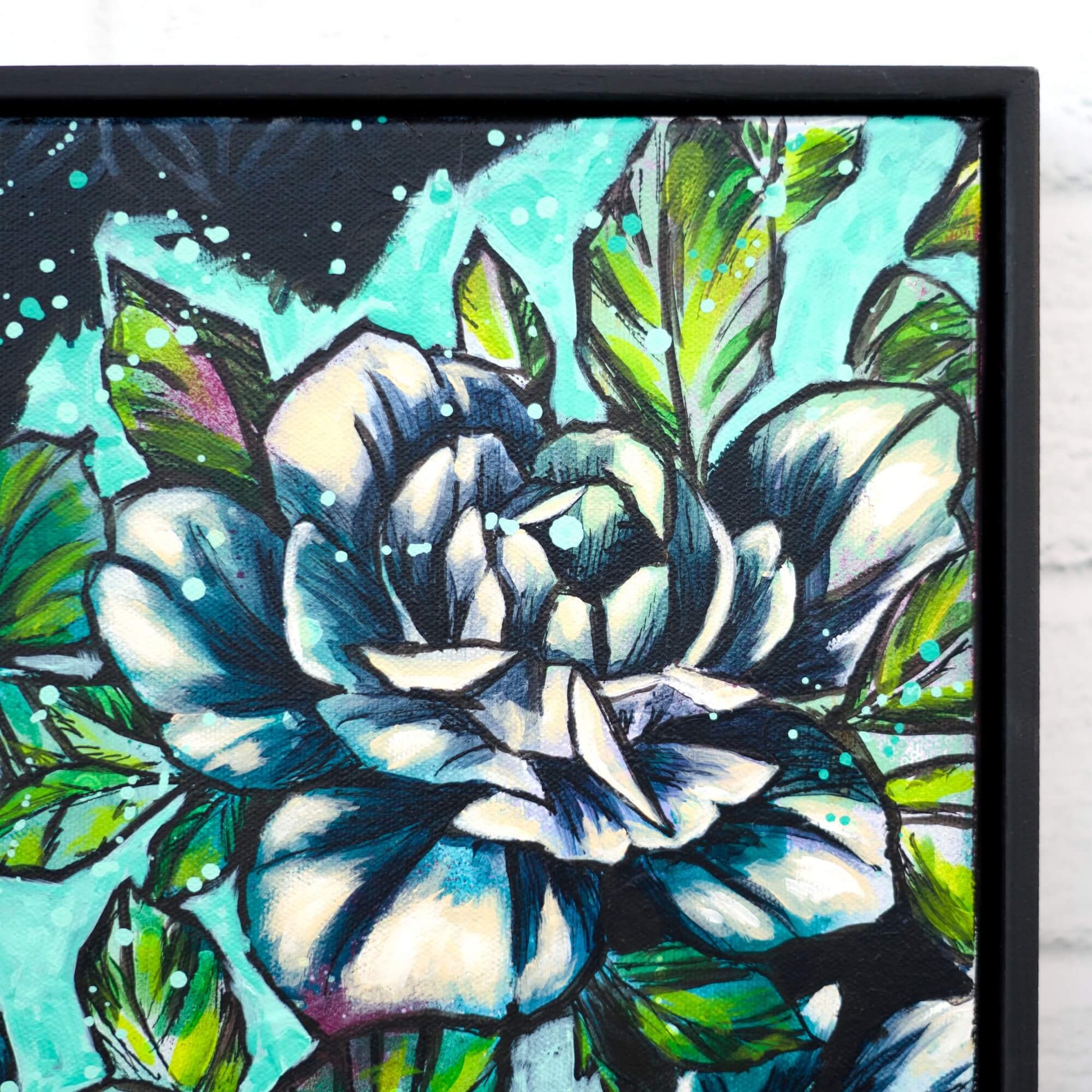 Original flower painting in cool blue and green tones, calming floral wall art for modern living spaces