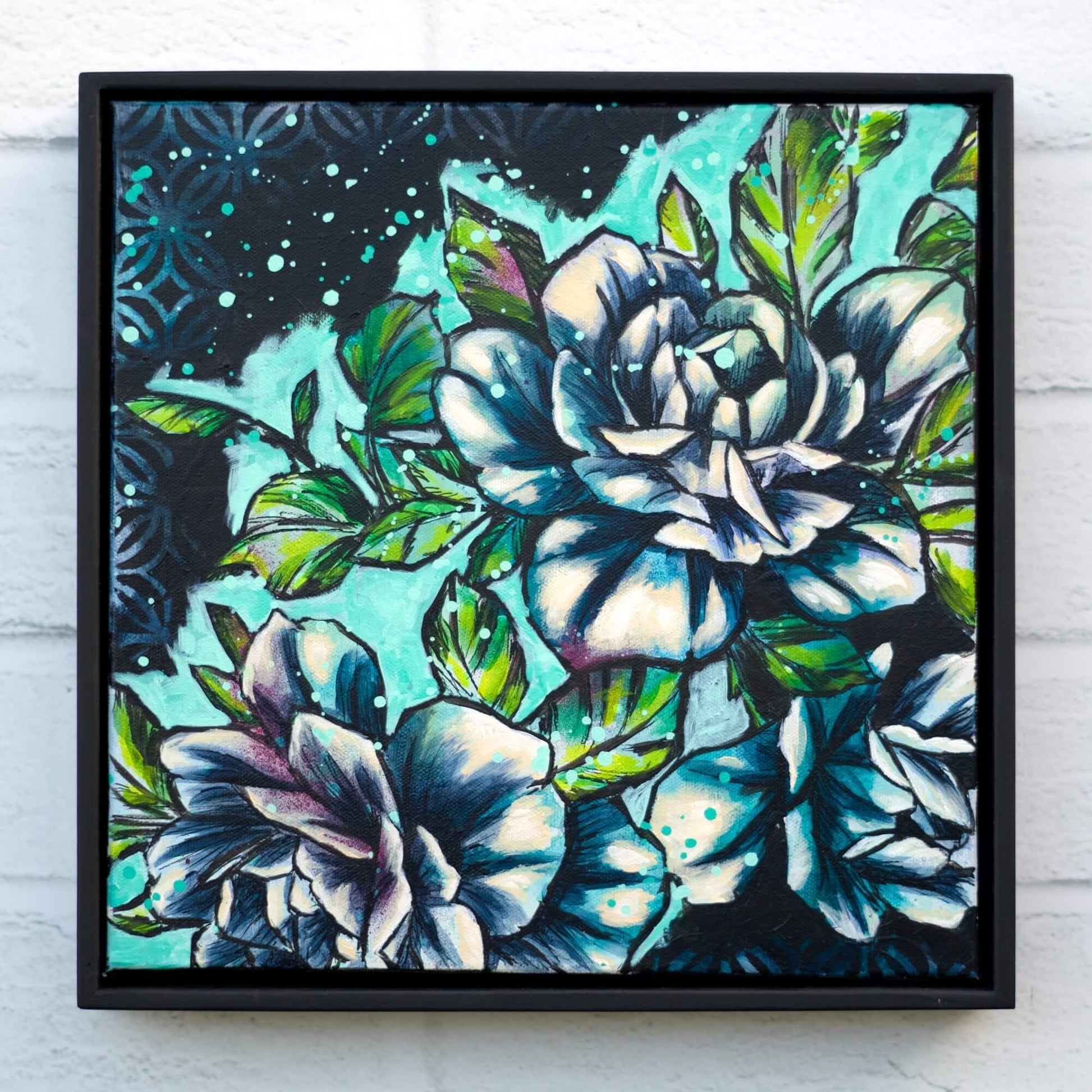 Original floral painting in blue, teal and green tones, contemporary flower artwork for calming modern interiors