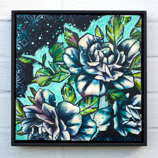Original floral painting in blue, teal and green tones, contemporary flower artwork for calming modern interiors