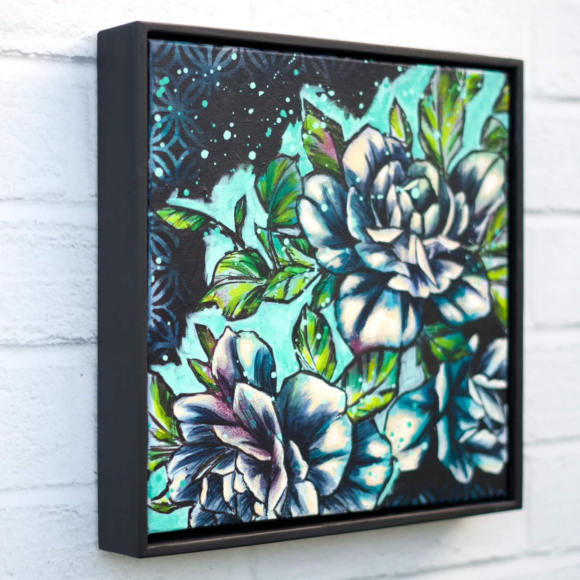 Teal and blue floral painting with layered textures, contemporary botanical artwork for peaceful interiors