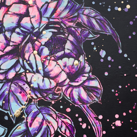 Original snake and floral painting in black and hot pink tones, bold high contrast artwork with gold accents