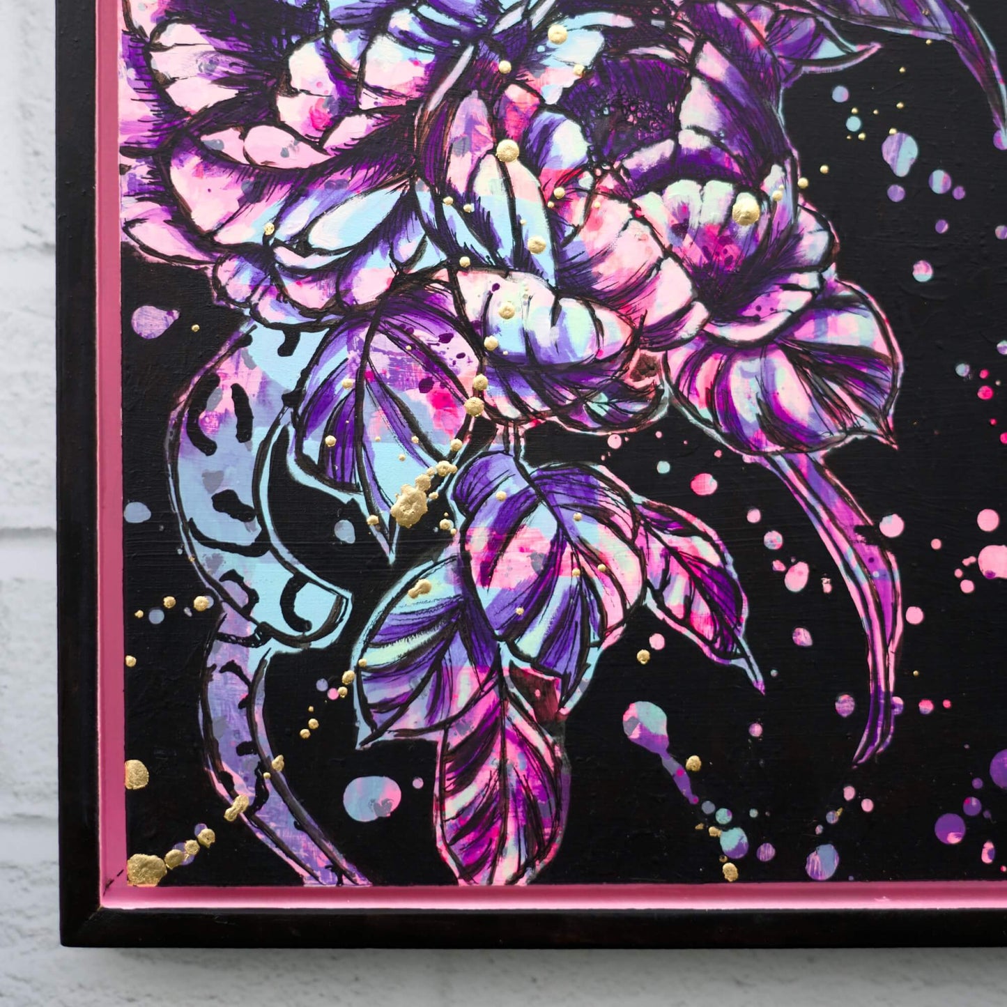 Contemporary floral and serpent painting in purple, pink and gold, edgy artwork exploring power and transformation