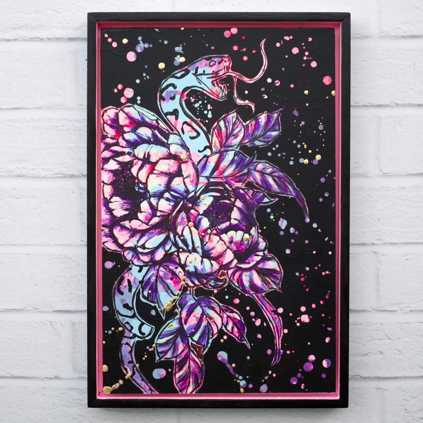 Contemporary serpent and floral painting in high contrast tones, black, purple and pink statement wall art