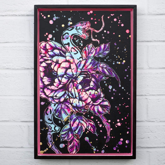 Contemporary serpent and floral painting in high contrast tones, black, purple and pink statement wall art
