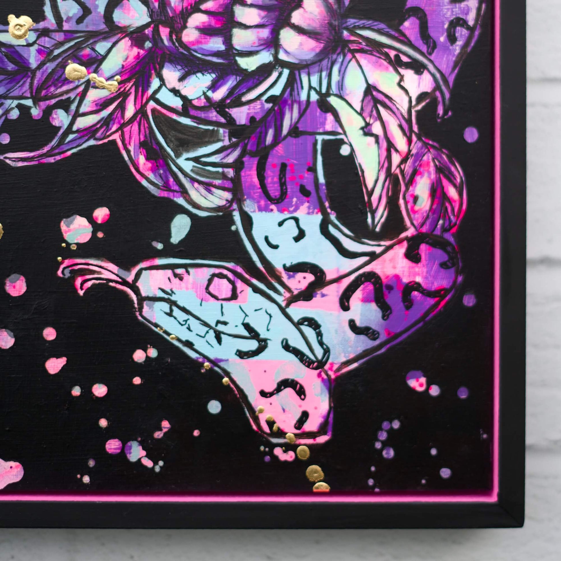 Original snake and floral painting in black and hot pink tones, bold high contrast artwork with gold accents