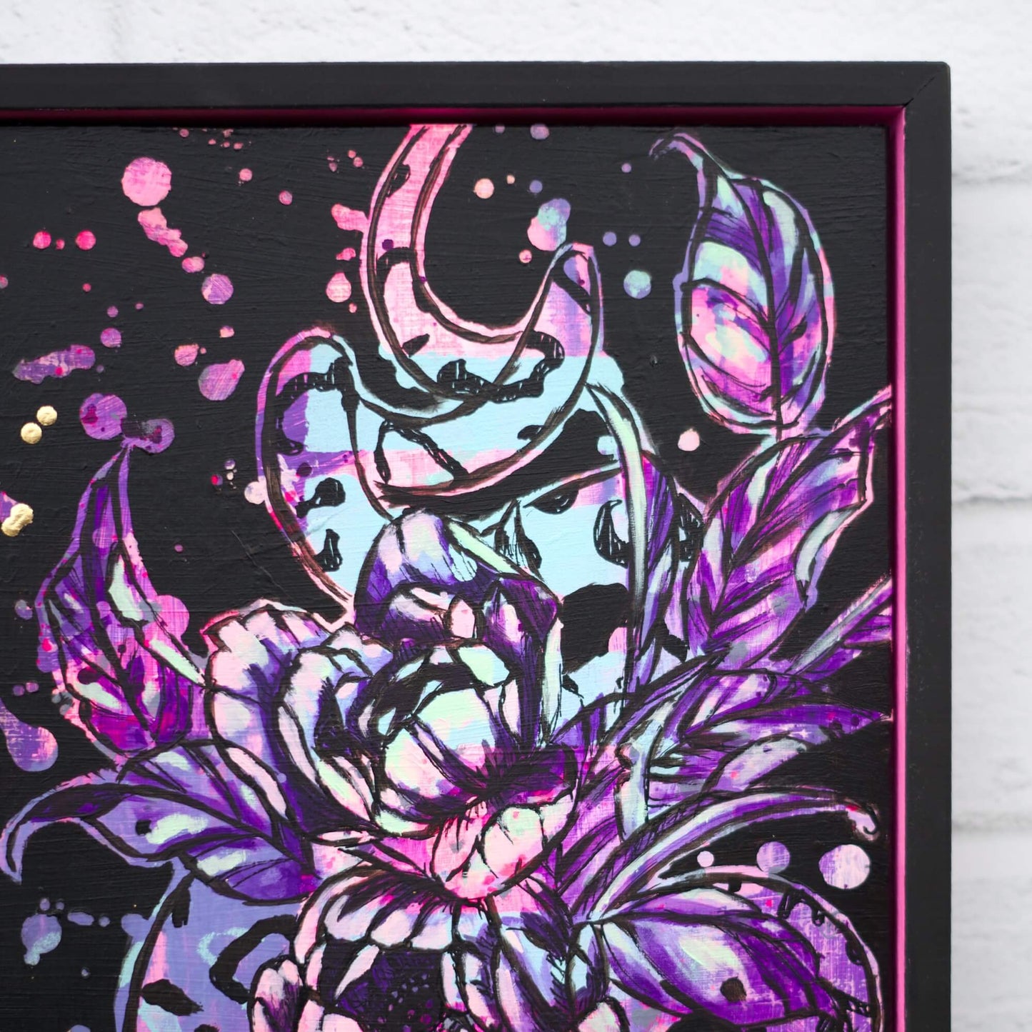 Contemporary floral and serpent painting in purple, pink and gold, edgy artwork exploring power and transformation