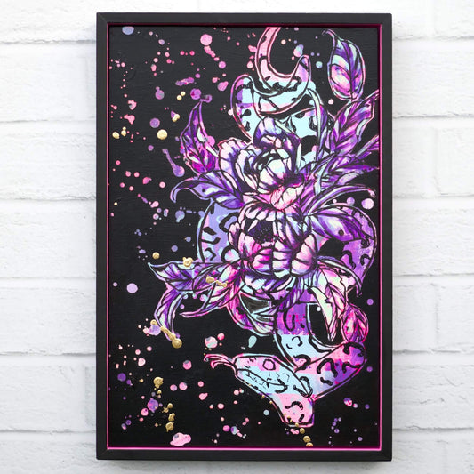 Original snake and floral painting in black and hot pink tones, bold high contrast artwork with gold accents