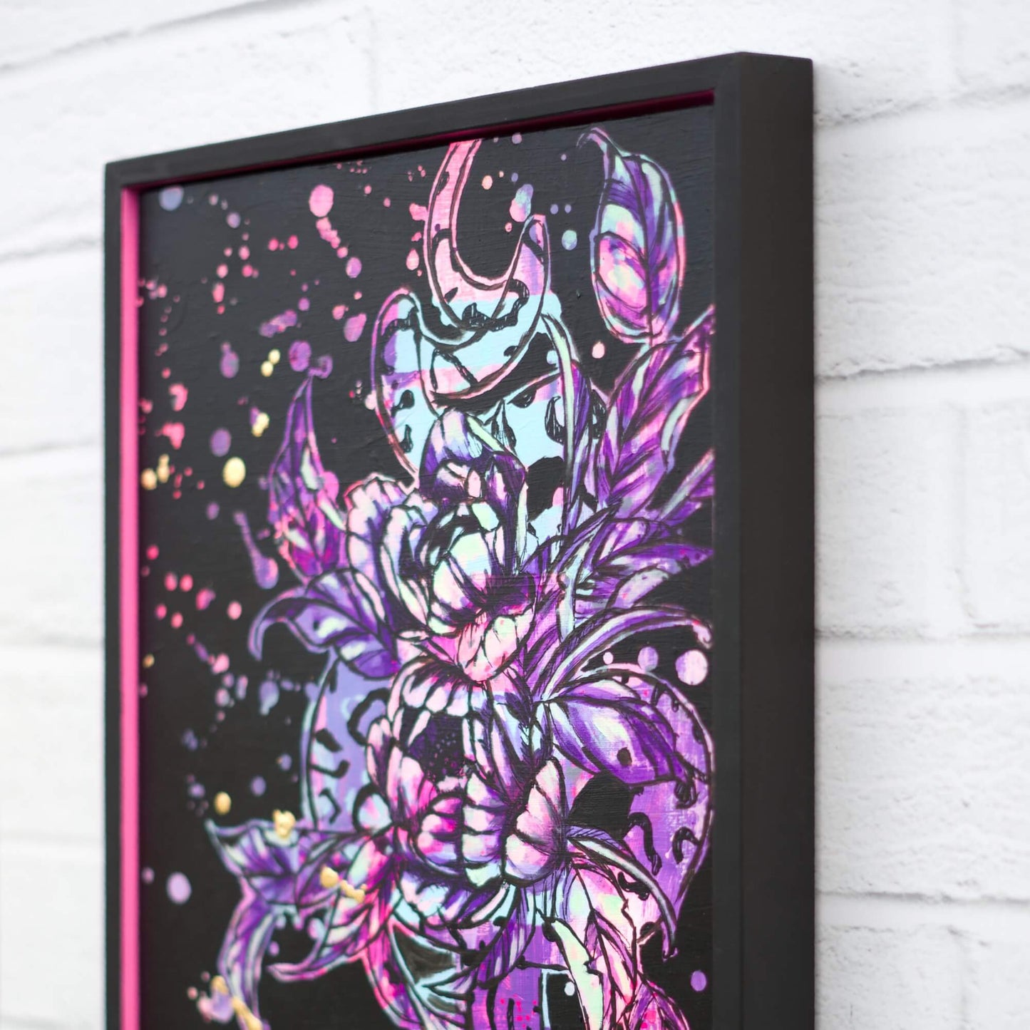 Bold floral and snake artwork in neon pink and gold on black, modern painting with edgy feminine energy