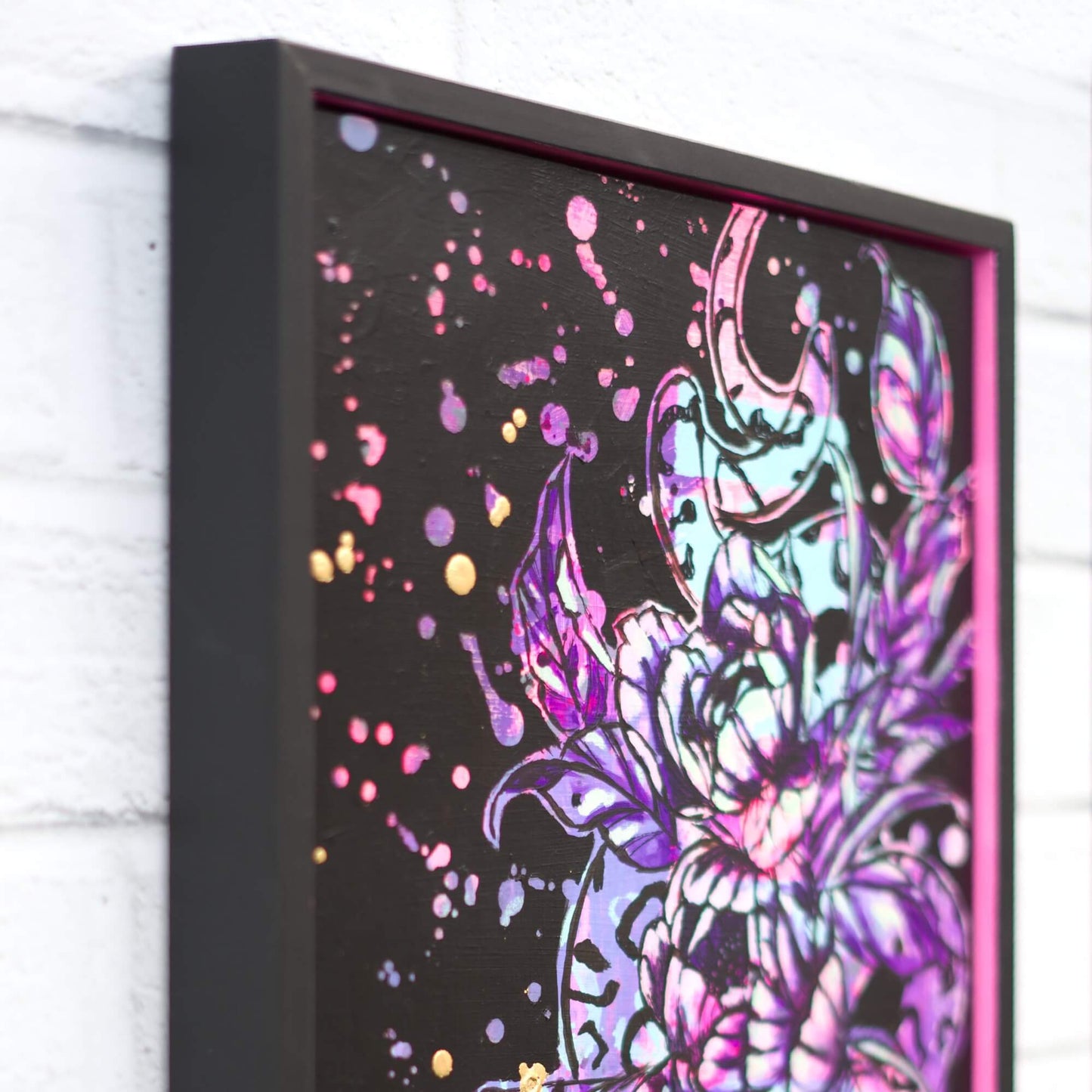 Original snake wrapped in floral painting, high contrast black and pink artwork symbolizing danger and beauty