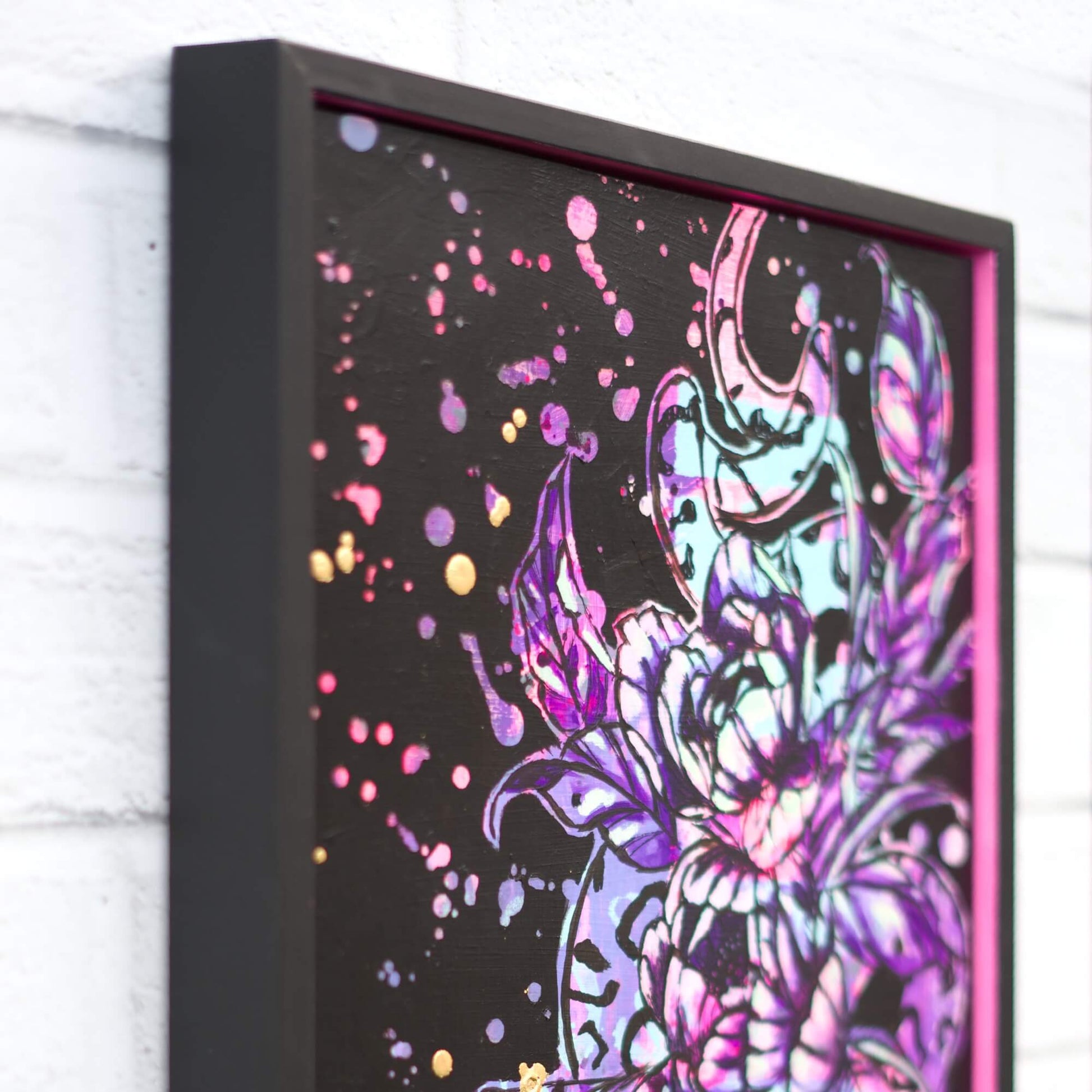 Original snake wrapped in floral painting, high contrast black and pink artwork symbolizing danger and beauty