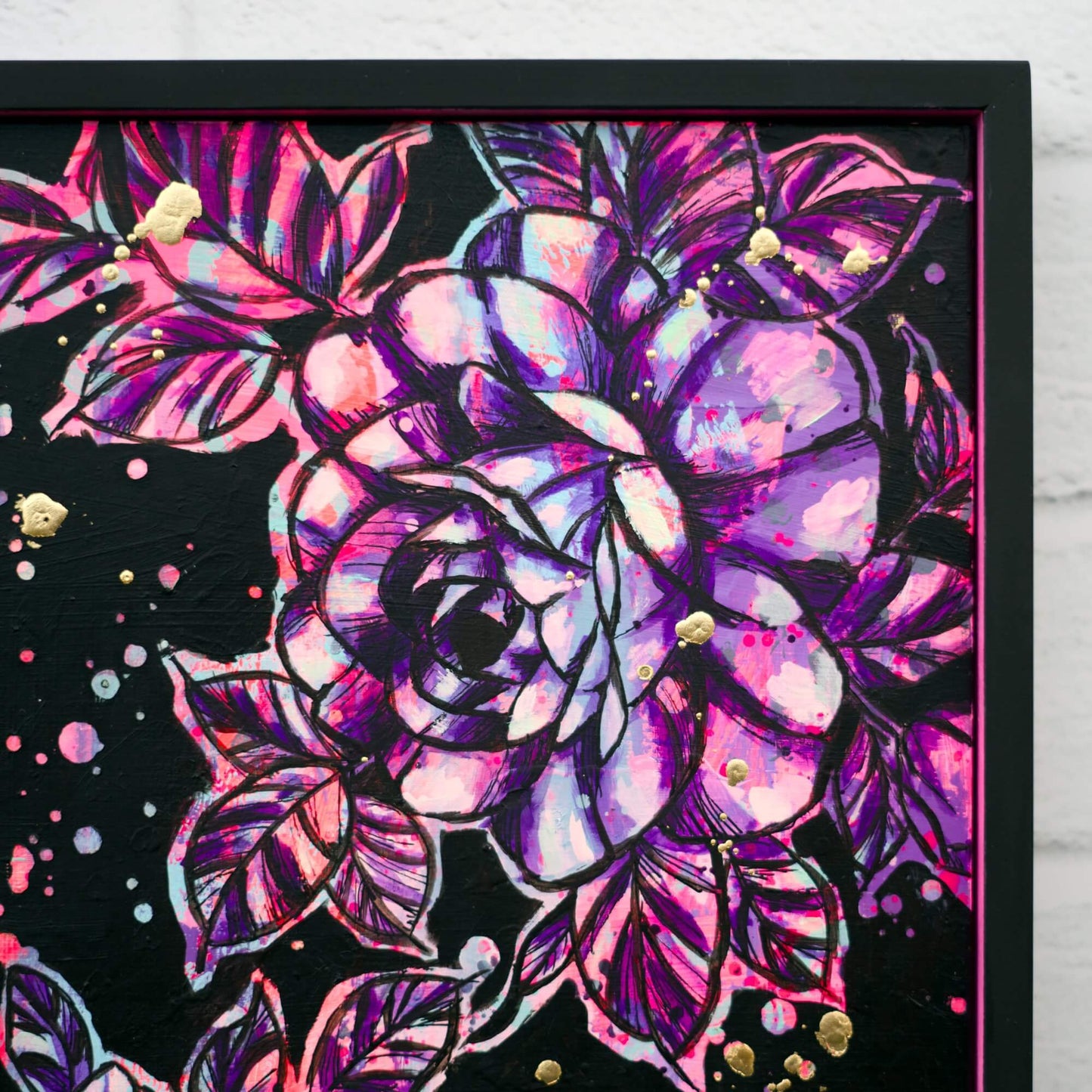 Original floral artwork in purple, gold, and black palette, vibrant flower painting for bold home styling