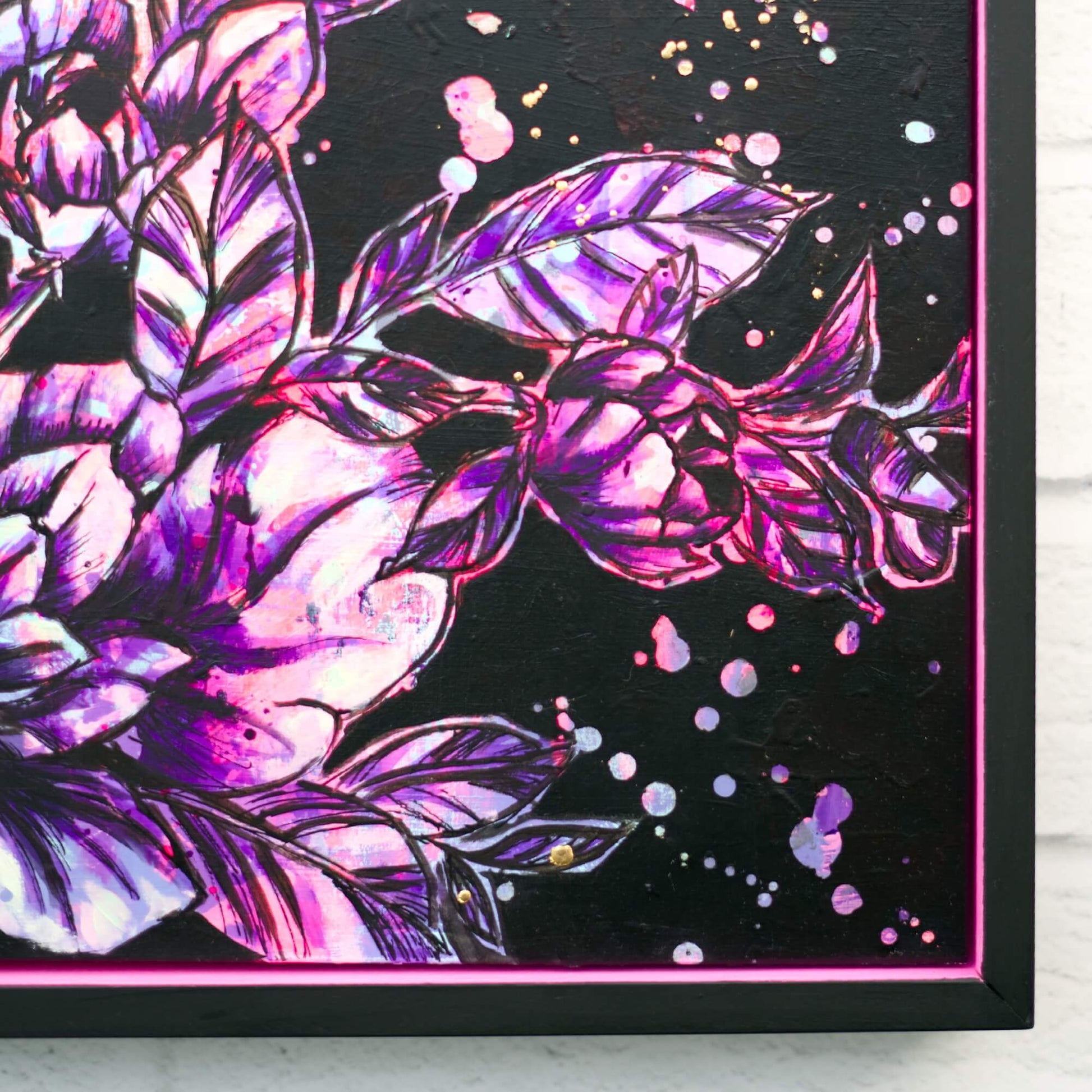 High contrast floral painting with hot pink and black tones, modern statement flower wall art