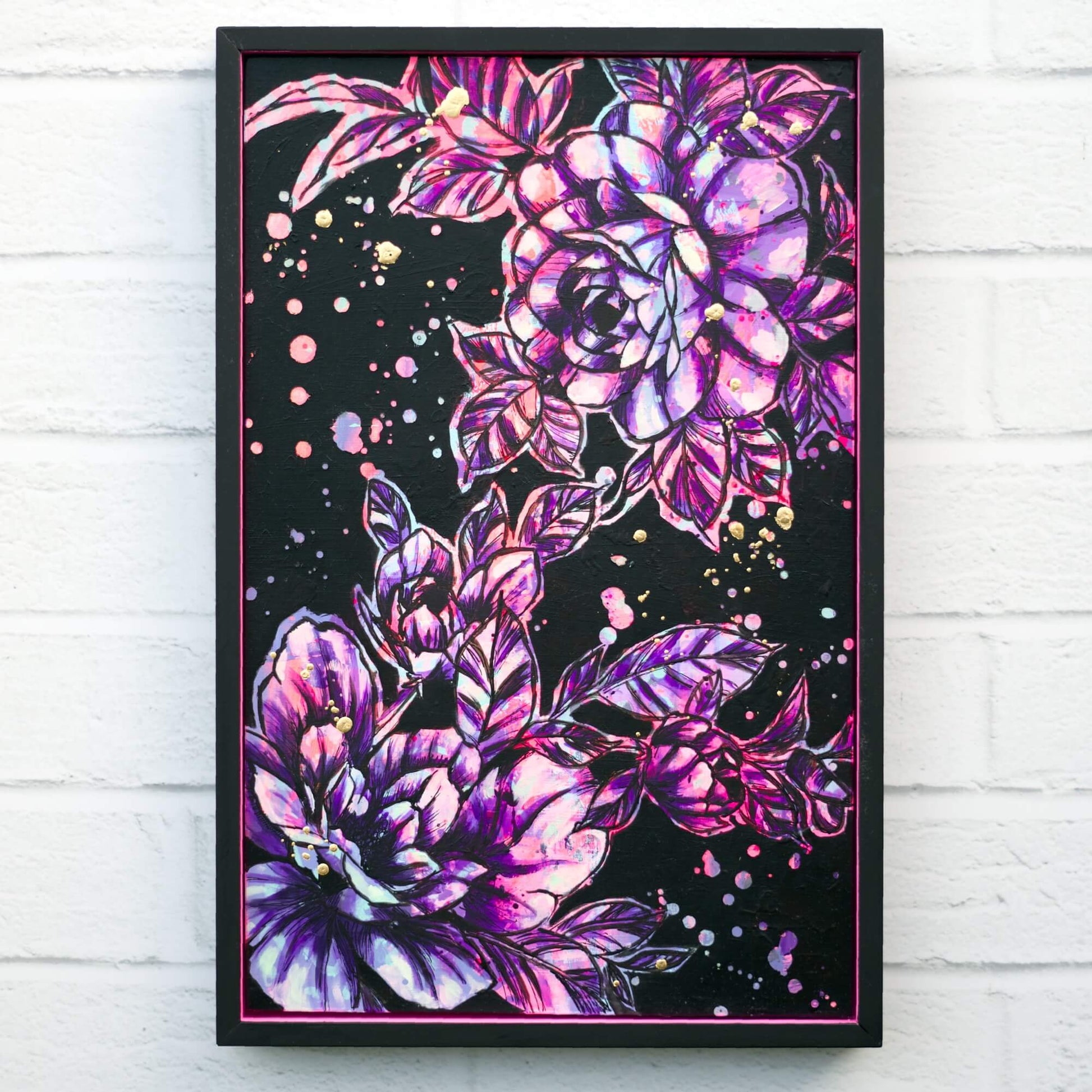 Original bold floral painting in black, hot pink, and gold, high contrast flower artwork for statement wall decor