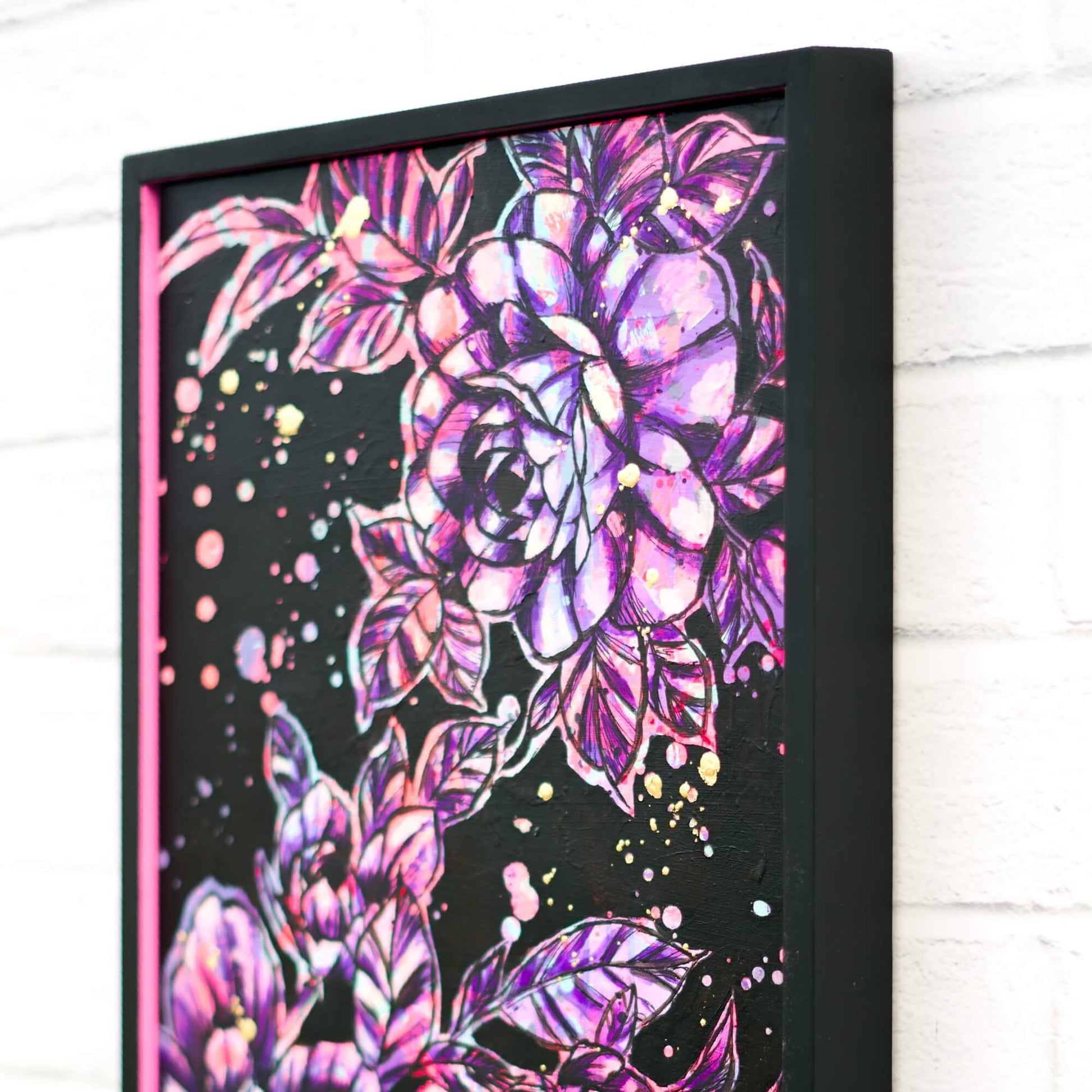 Original flower painting in bold neon pink and deep purple, contemporary floral artwork with dramatic contrast
