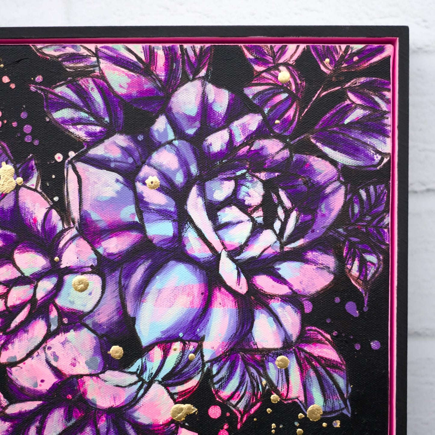 Contemporary floral artwork in high contrast colours, black, purple and pink flower painting for bold interiors