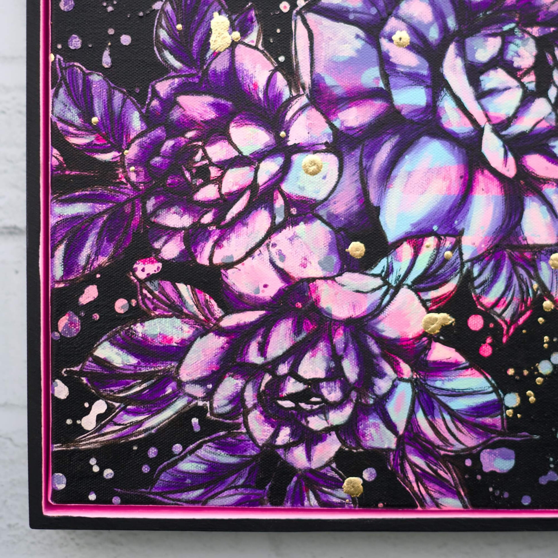 Original floral painting with vivid pink and gold tones on black background, striking modern flower art