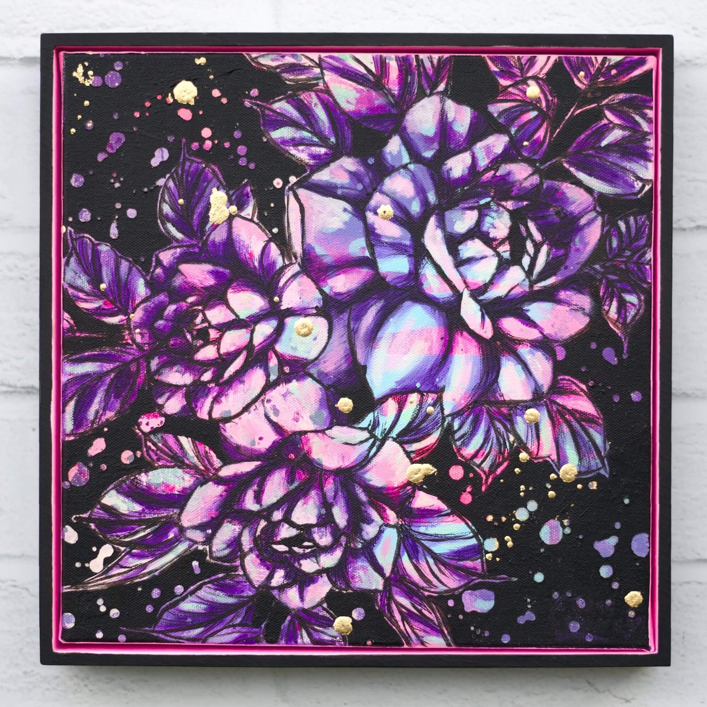 Edgy floral painting in black and gold with vibrant pink accents, modern statement wall art