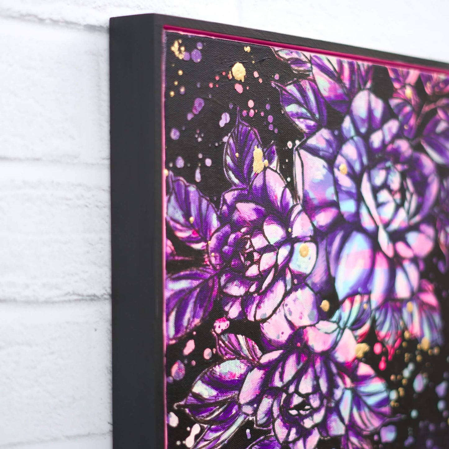 Modern floral painting in bold contrasting colours, pink, purple and black flower artwork for statement spaces