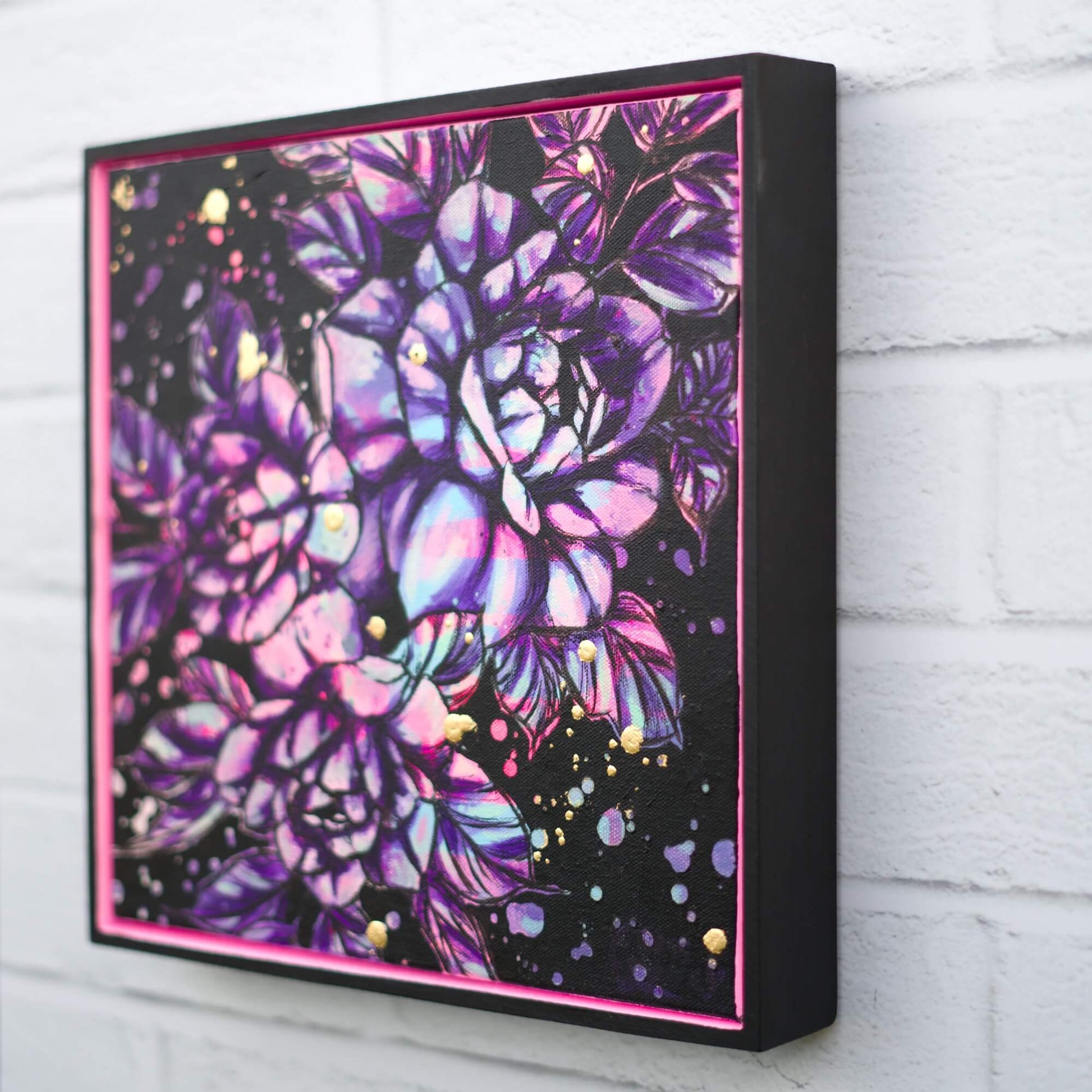 High contrast botanical painting in black and neon pink, contemporary floral wall art with bold visual impact