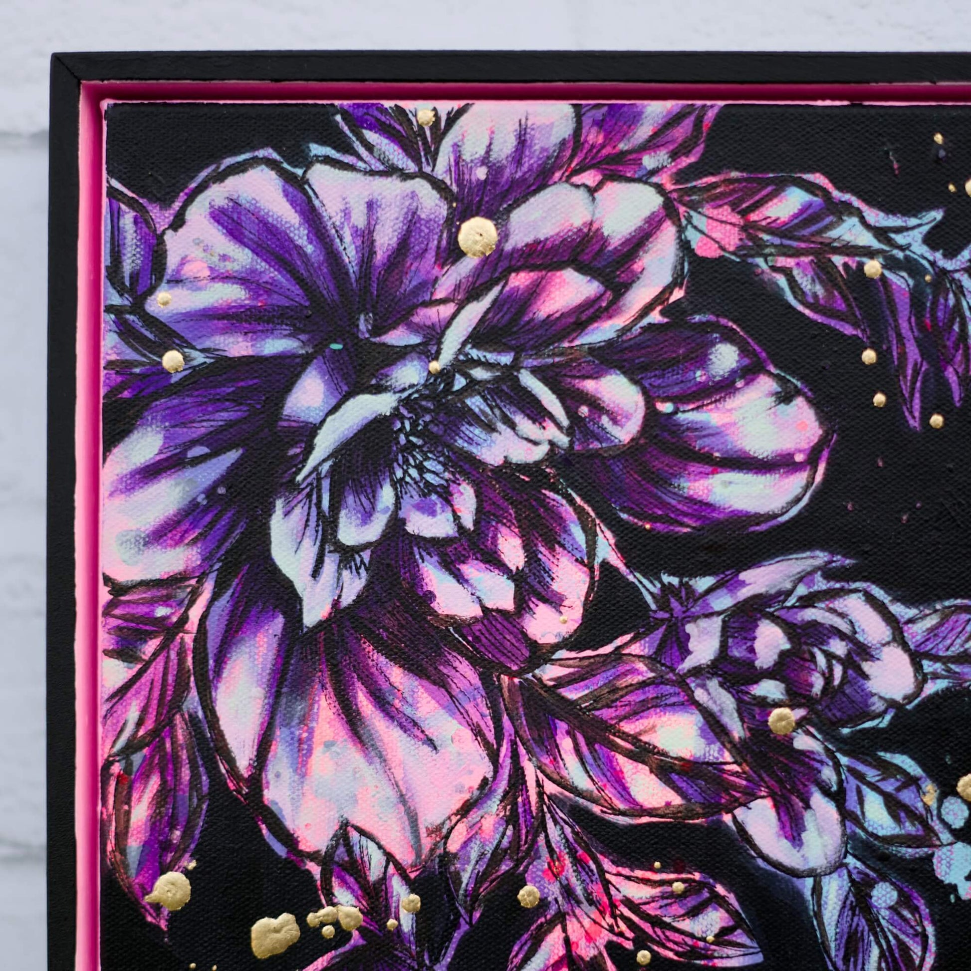 Original floral artwork in purple, gold, and black palette, vibrant flower painting for bold home styling