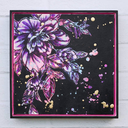 Original bold floral painting in black, hot pink, and gold, high contrast flower artwork for statement wall decor
