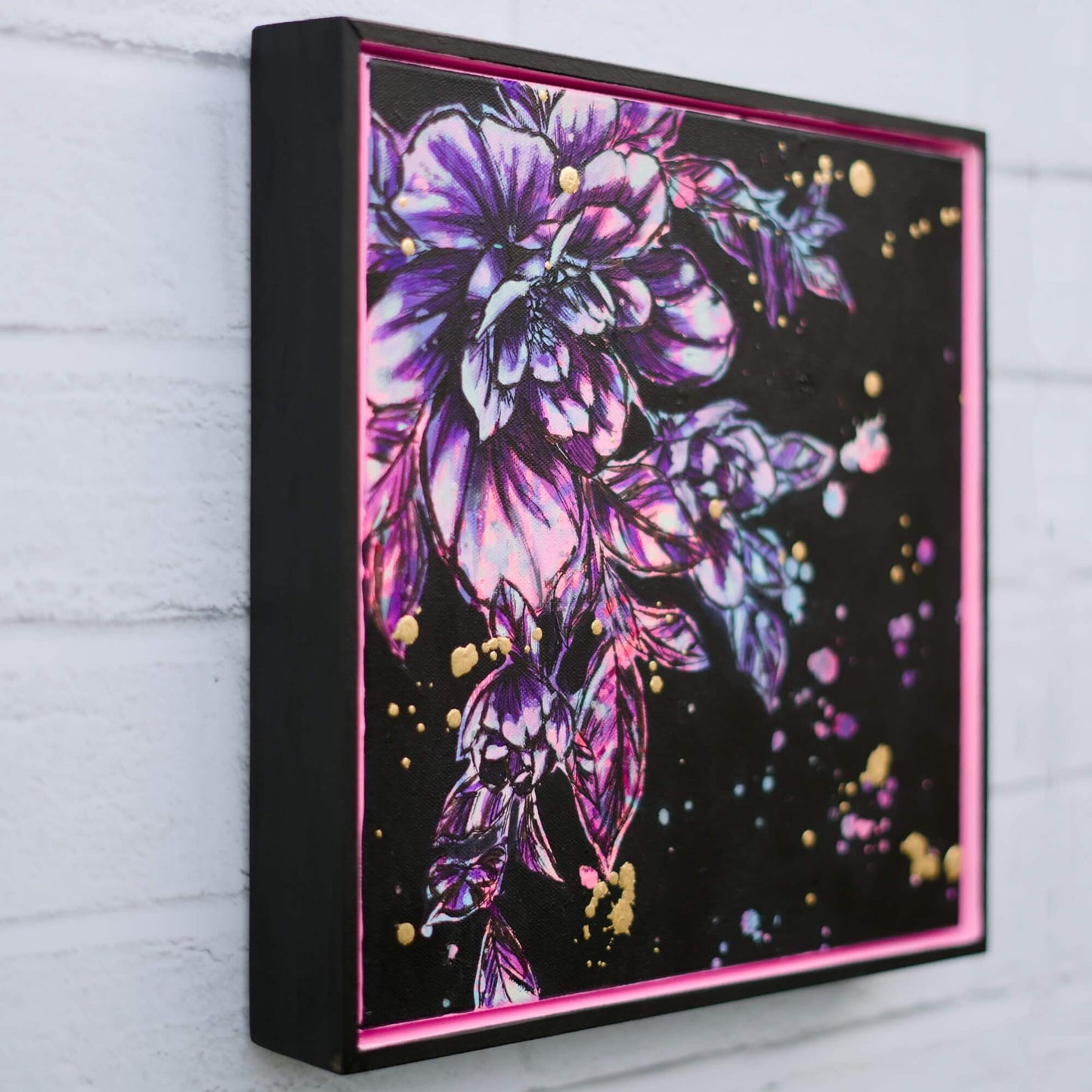 High contrast floral painting with hot pink and black tones, modern statement flower wall art