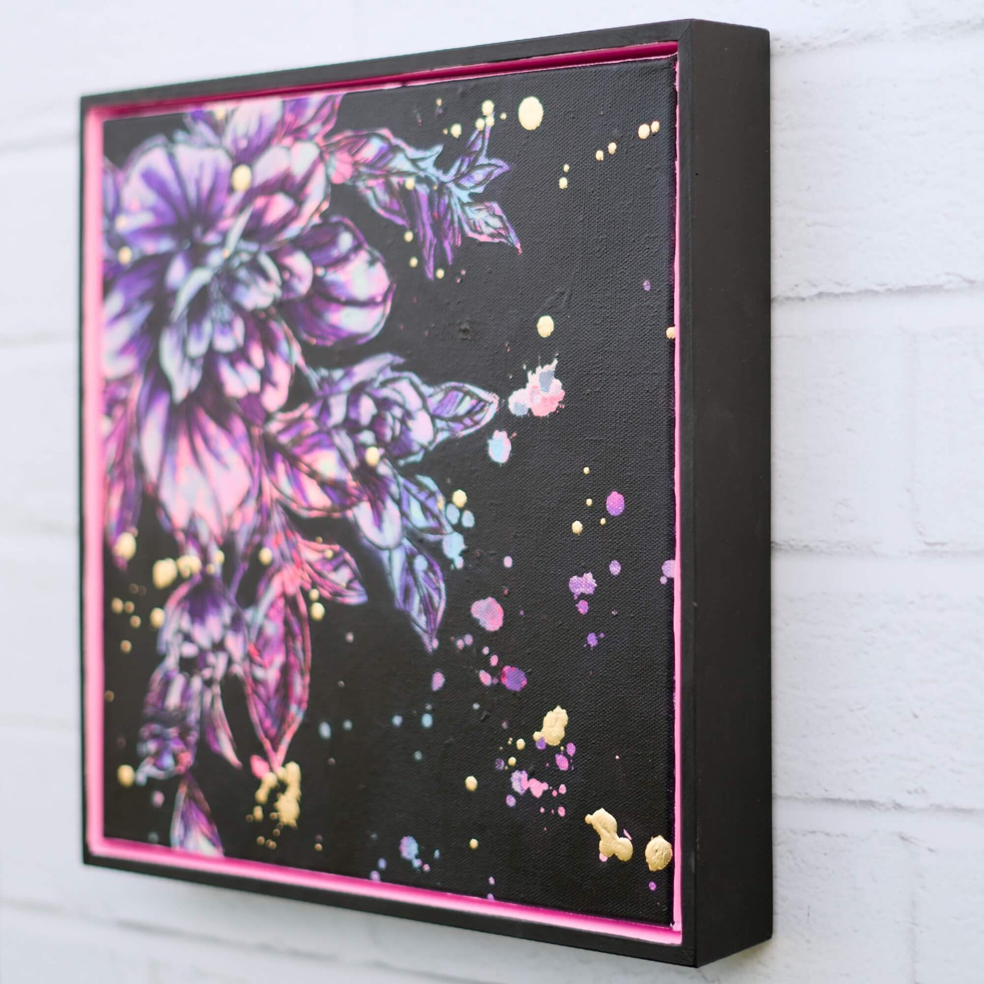 Original flower painting in bold neon pink and deep purple, contemporary floral artwork with dramatic contrast
