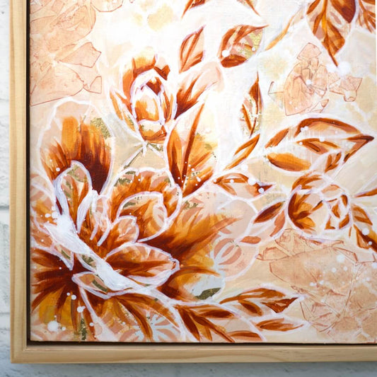 Contemporary beige floral painting with soft neutral palette, original flower artwork for calm and minimal home decor