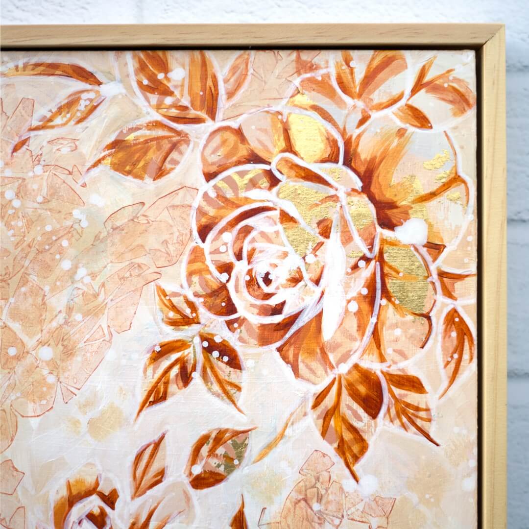 Large neutral floral painting in beige and gold tones, modern wall art for living room or interior design styling