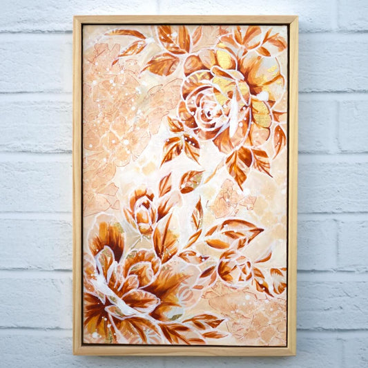 Original neutral floral painting in beige and soft earth tones, textured flower artwork on canvas for modern interiors