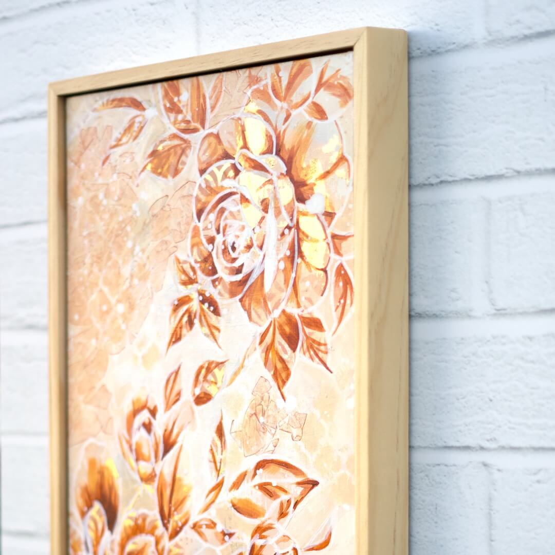 Textured neutral floral painting on canvas, contemporary botanical artwork in warm beige and natural tones