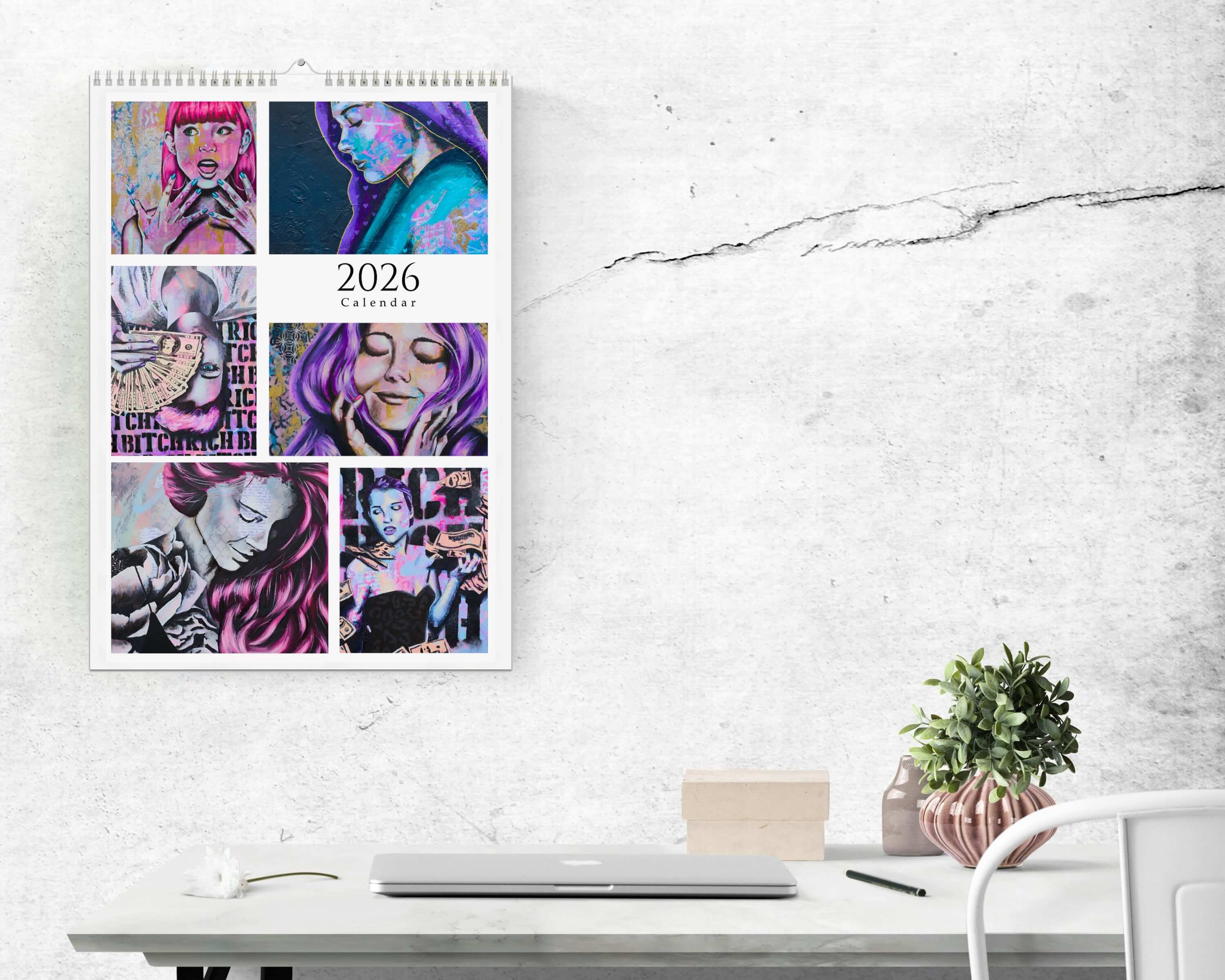 2026 art calendar by Criss Chaney featuring bold, colorful mixed-media artwork