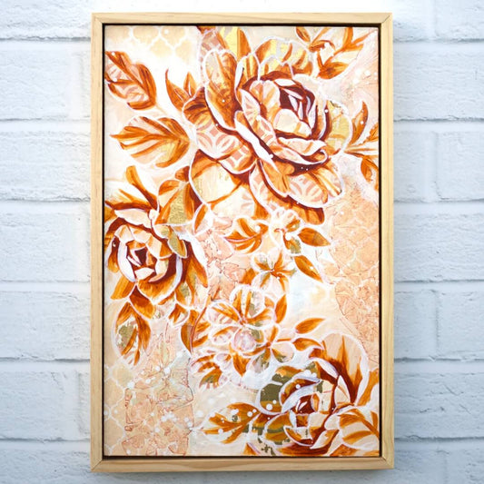 Soft neutral floral painting with layered textures, original beige flower artwork for contemporary home styling