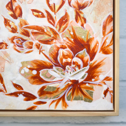 Contemporary beige floral painting with soft neutral palette, original flower artwork for calm and minimal home decor