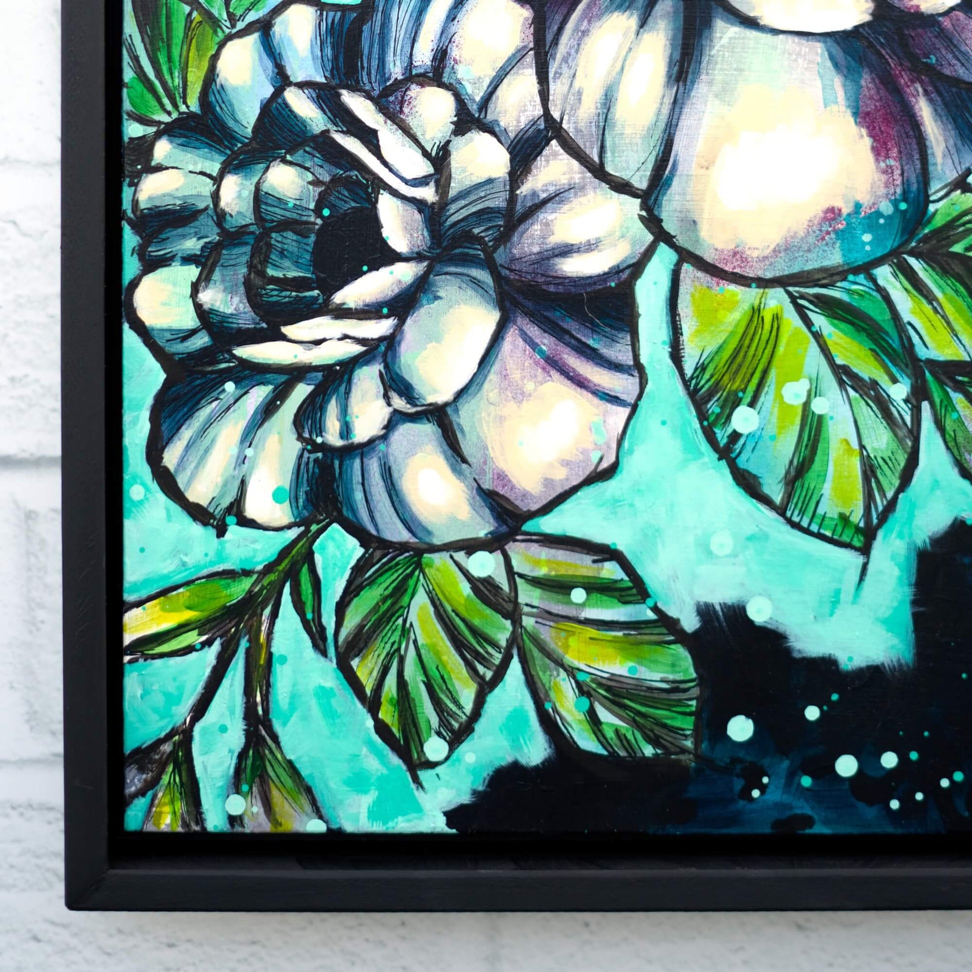 Original blue and teal floral painting on canvas, calming contemporary flower artwork for modern coastal interiors