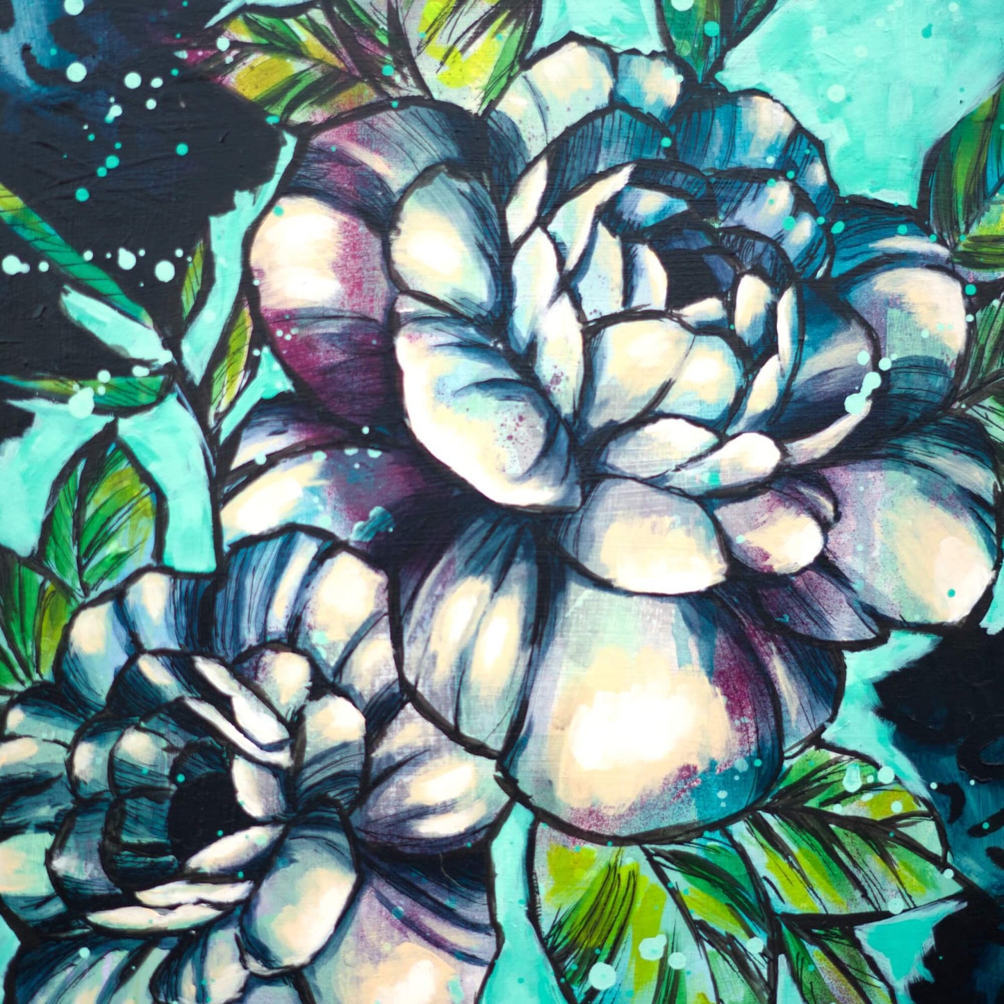 Modern floral artwork in blue and teal tones, original painting for calming and sophisticated interiors