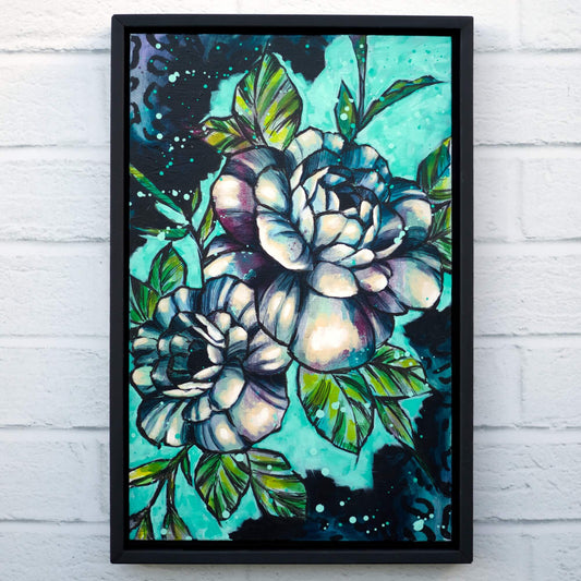Blue and green floral canvas painting, modern flower artwork for coastal and minimalist home styling