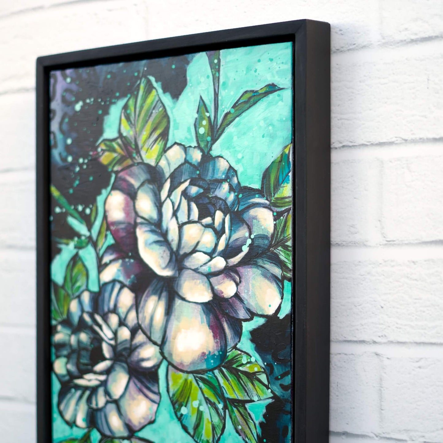 Contemporary floral painting in teal and aqua tones, modern flower artwork inspired by nature and ocean hues