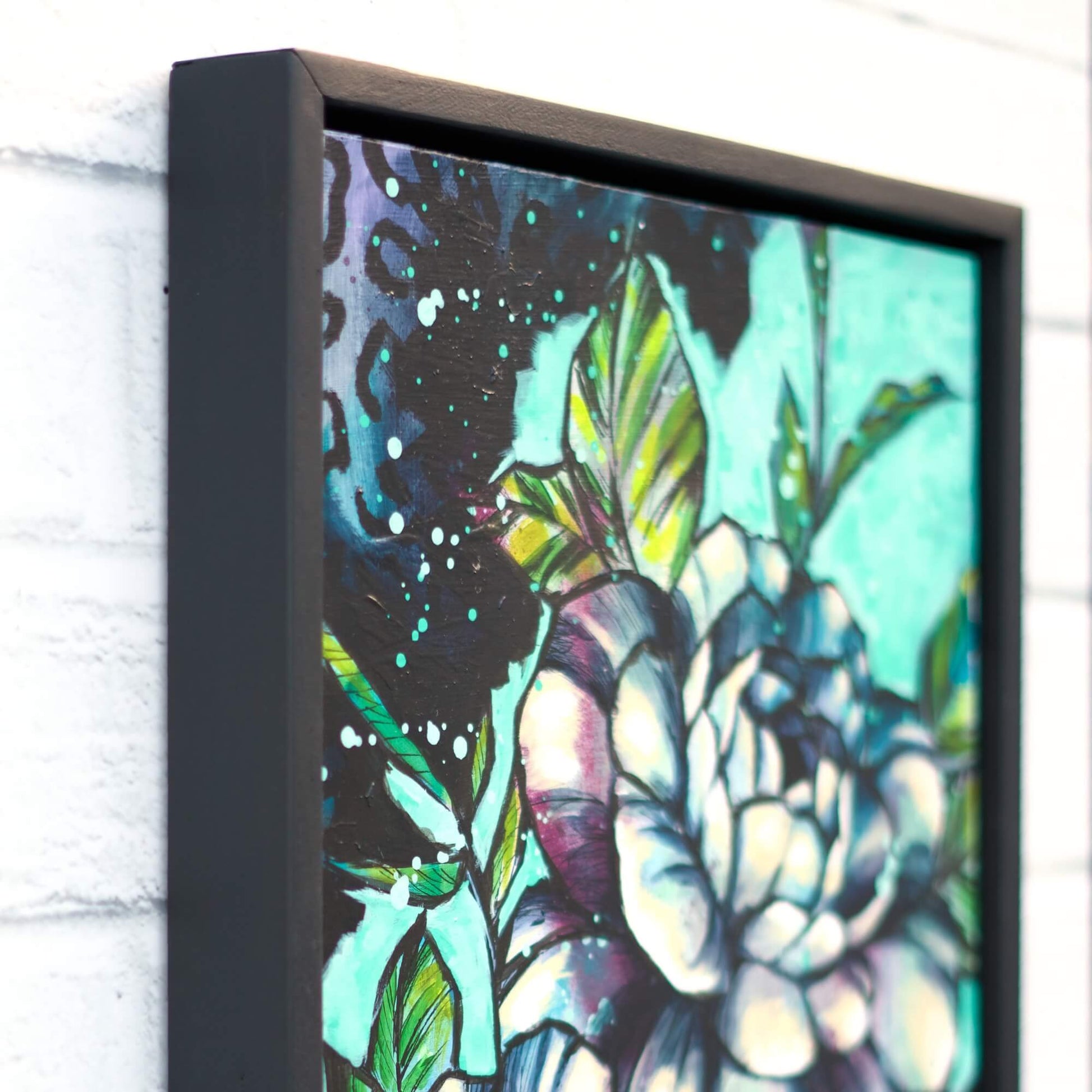 Green and blue floral painting with soft layered textures, original botanical artwork for serene home wall decor