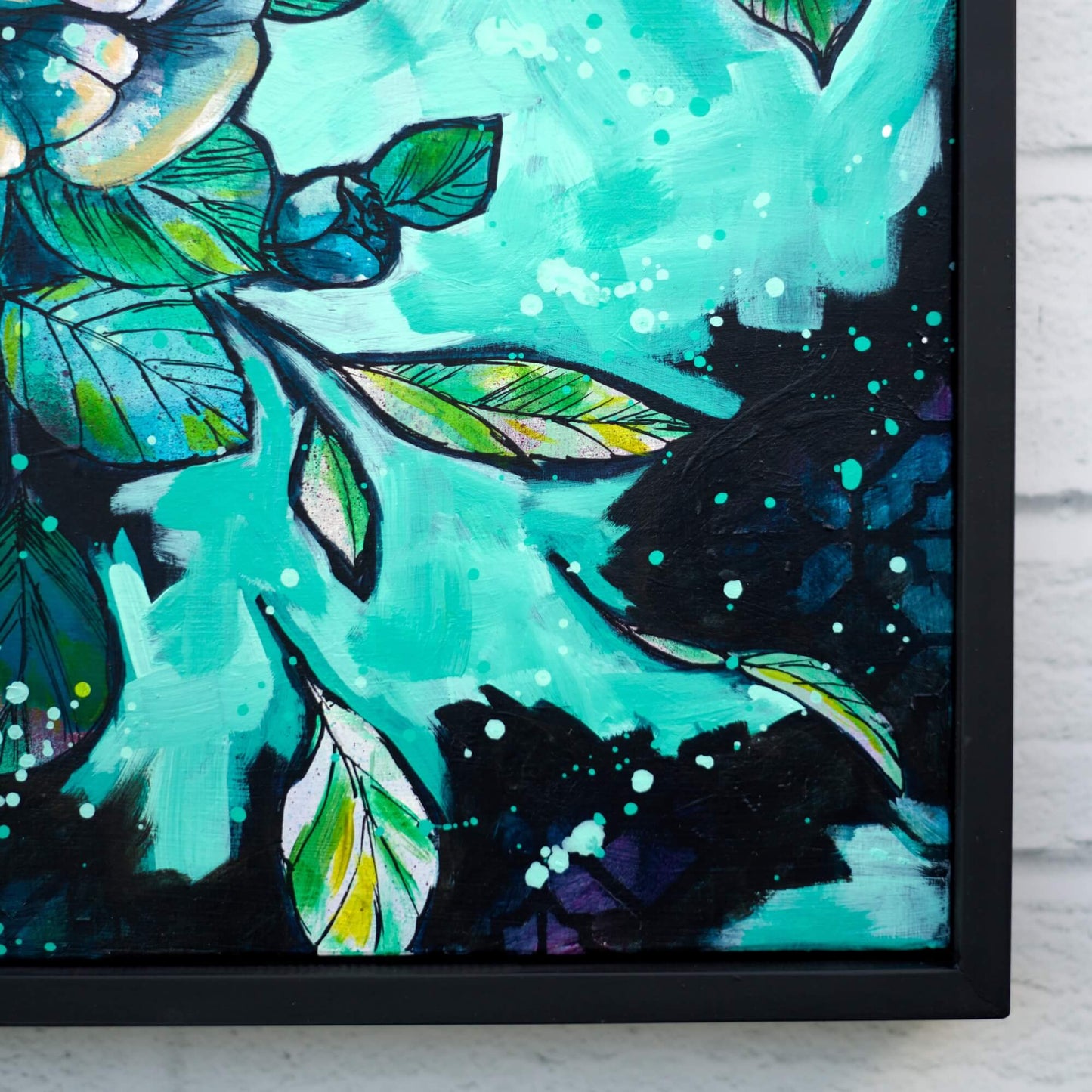 Original flower painting in cool blue and green tones, calming floral wall art for modern living spaces