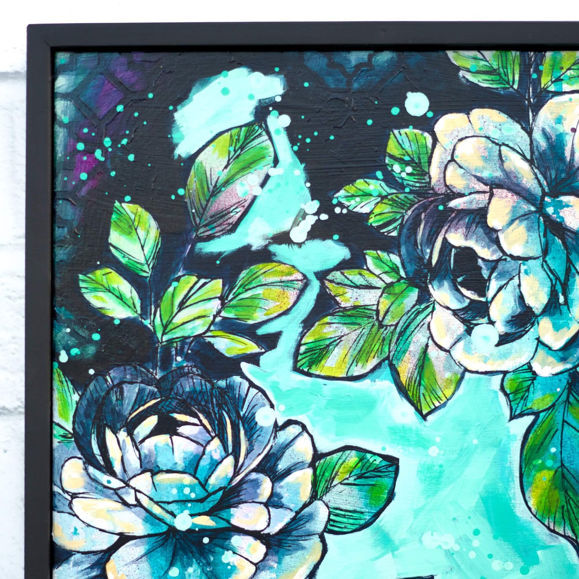 Teal and blue floral painting with layered textures, contemporary botanical artwork for peaceful interiors