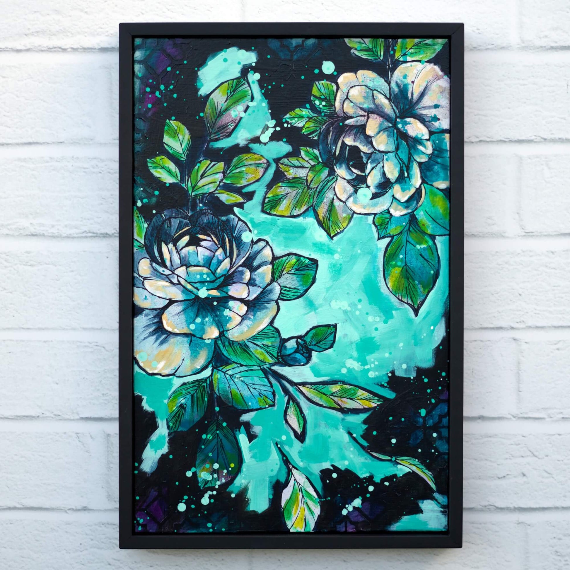 Contemporary floral artwork in teal and deep blue palette, modern flower painting for serene home decor
