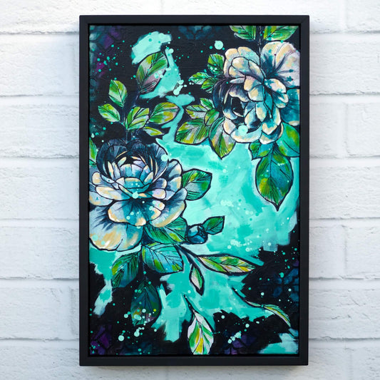 Contemporary floral artwork in teal and deep blue palette, modern flower painting for serene home decor