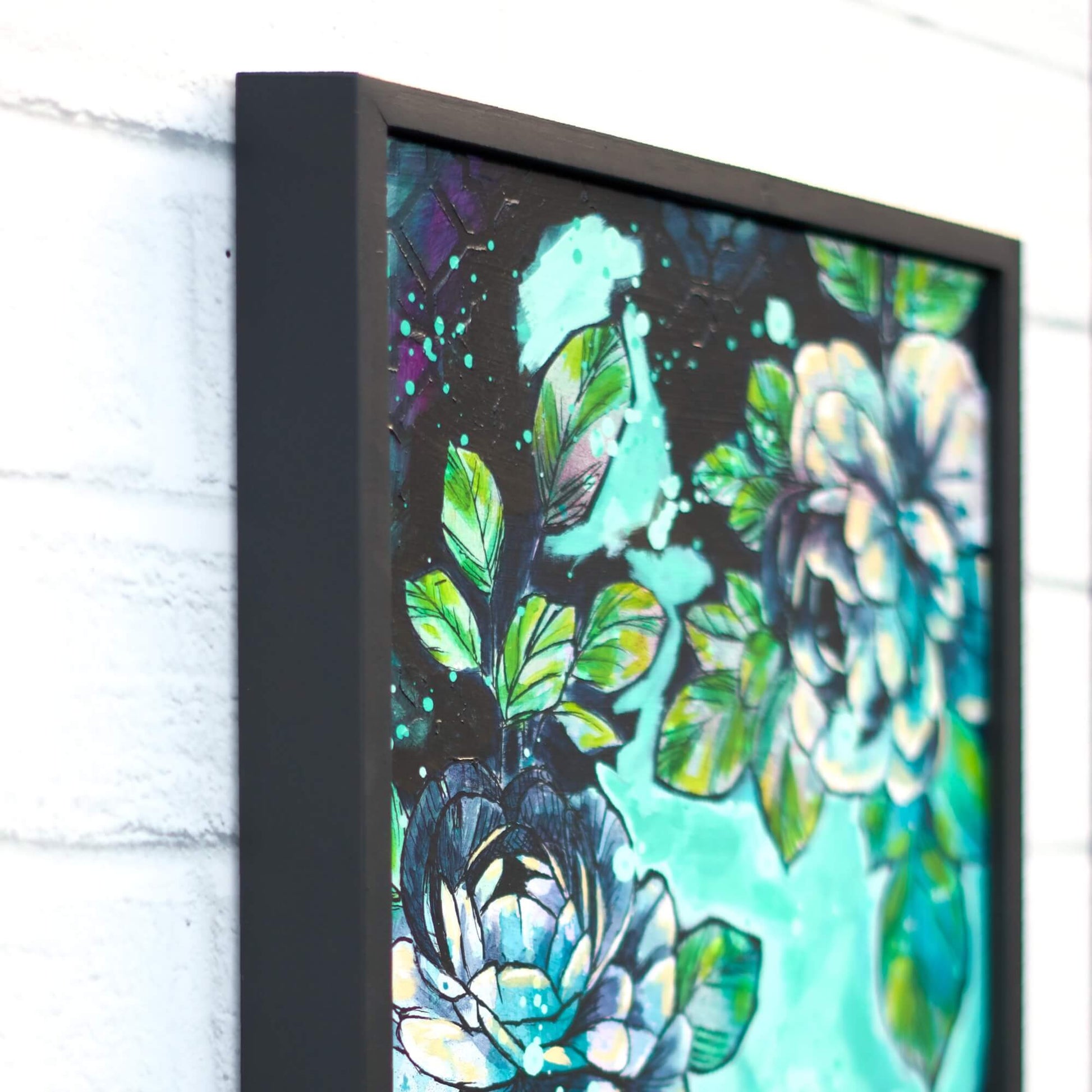 Original floral artwork in blue and green tones, modern flower painting inspired by ocean and nature