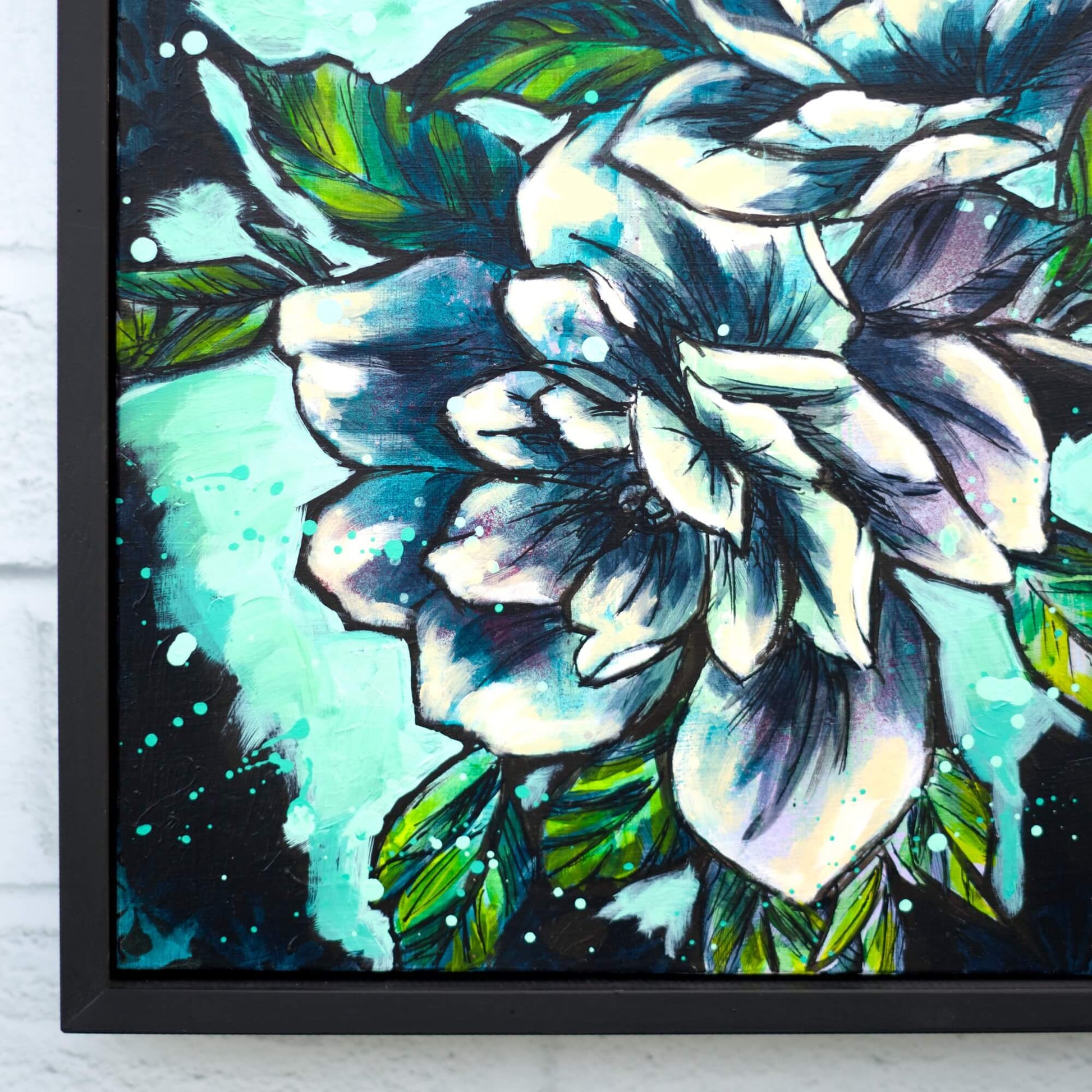 Original floral canvas painting in cool blue and green palette, elegant botanical wall art for peaceful interiors