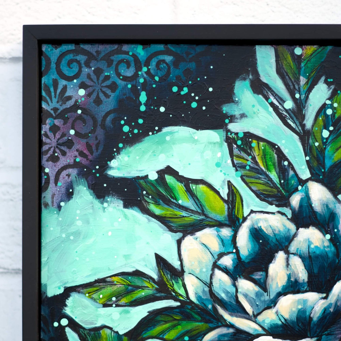 Contemporary floral painting in teal and aqua tones, modern flower artwork inspired by nature and ocean hues