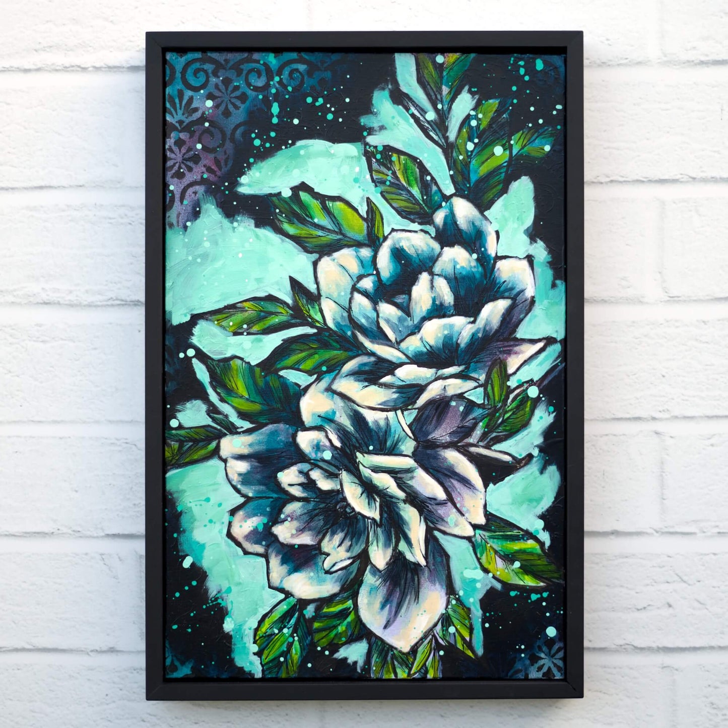 Green and blue floral painting with soft layered textures, original botanical artwork for serene home wall decor
