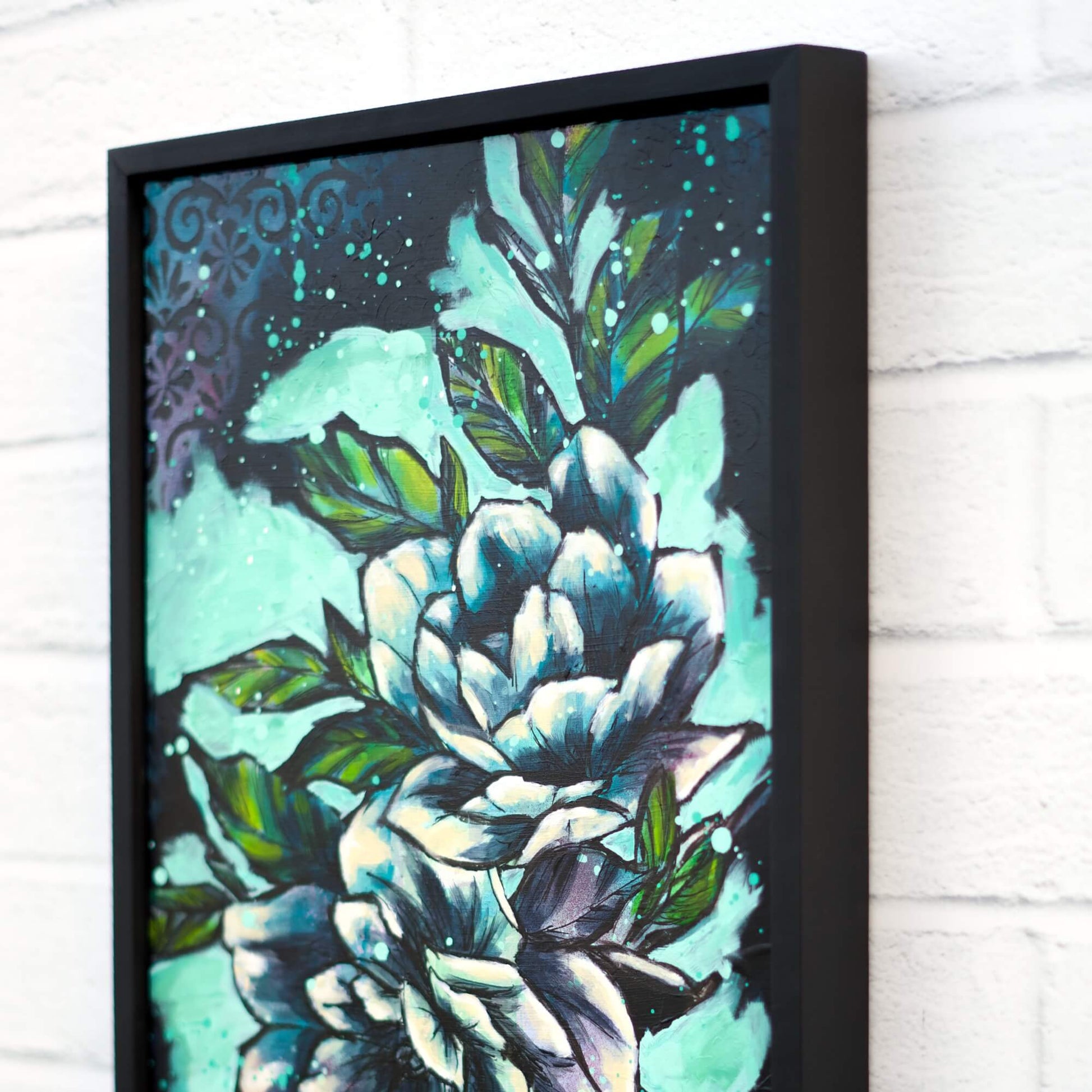 Blue and green floral painting on canvas, original botanical artwork with soft ocean-inspired tones